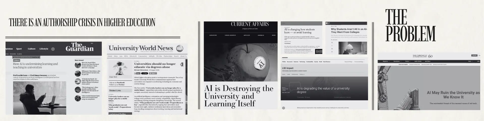 Press headlines about the authorship crisis in higher education