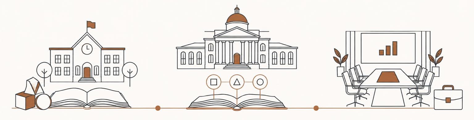 Conceptual illustration connecting school learning, university teaching and executive education